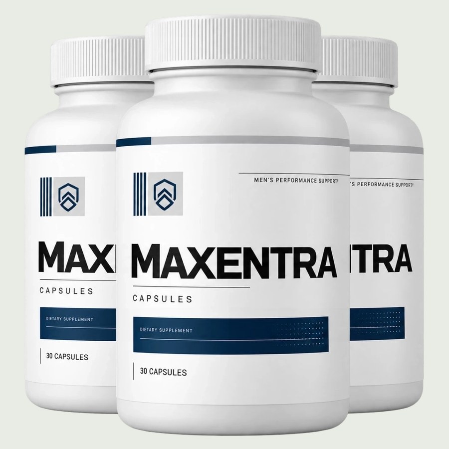 Three bottles of Maxentra men's performance support capsules, 30 capsules each